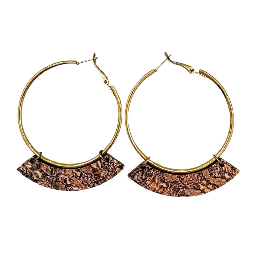 2/$15 Gold Hoop Earrings with Snakeskin Print Faux Leather Boho Earrings